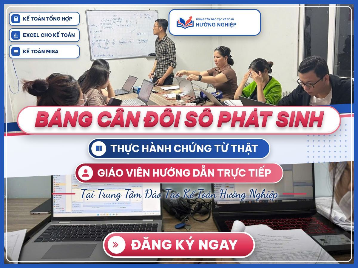 Poster Bảng cân đối số phát sinh với ảnh lớp học thật, giảng viên hướng dẫn và học viên thực hành trên máy tính.