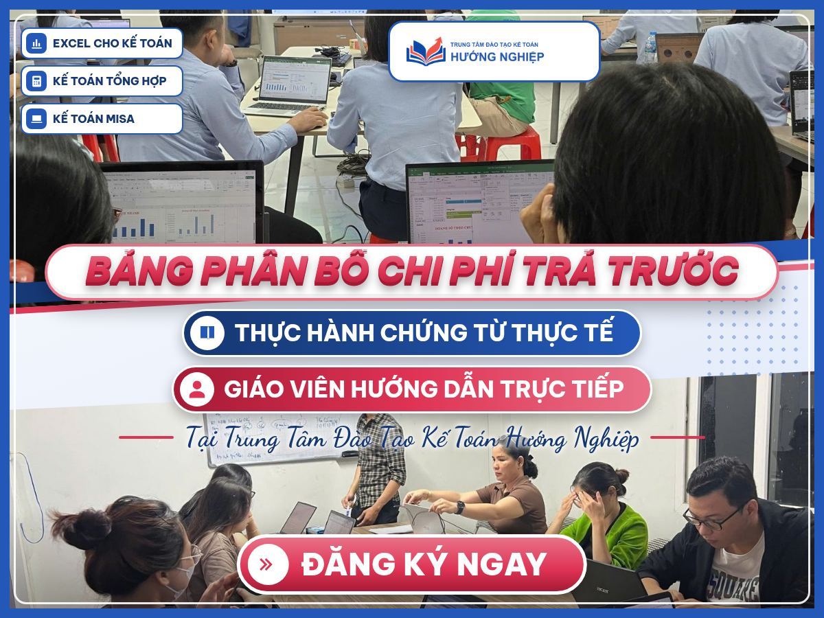 Poster Bảng phân bổ chi phí trả trước, với ảnh lớp học thật thực hành Excel và giảng viên hướng dẫn kế toán.