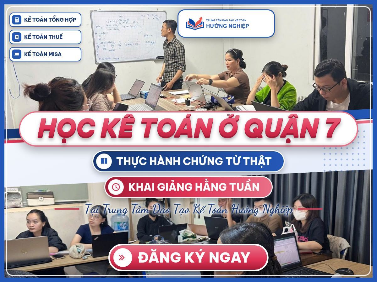Poster Học kế toán ở Quận 7 với ảnh lớp học thật, giảng viên hướng dẫn và học viên thực hành trên laptop.