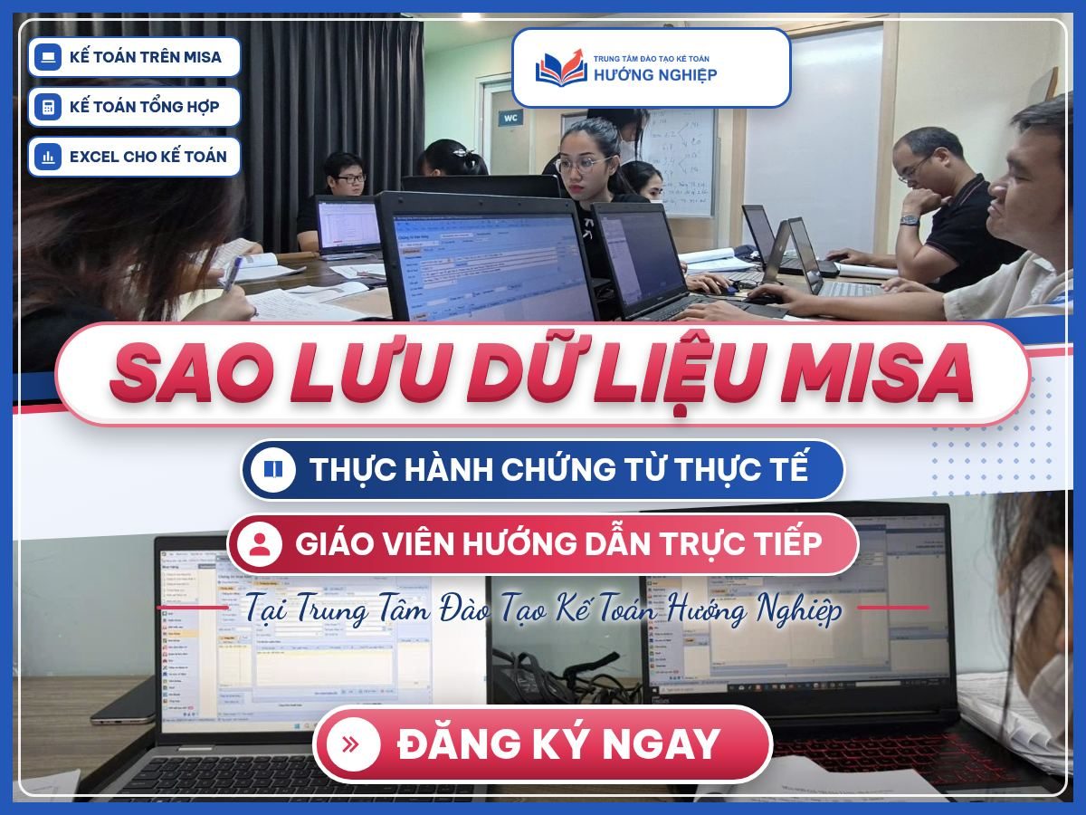 Poster “Sao lưu dữ liệu MISA” với ảnh lớp học thật, học viên thực hành phần mềm kế toán trên laptop.